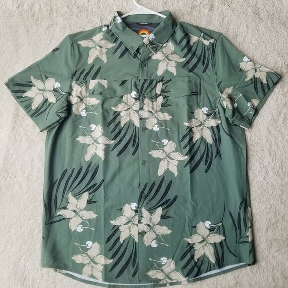 Hurley Shirt Men's M Green Floral Printed Utility Button Down Short Sleeve Beach - Picture 1 of 8